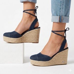 MICHAEL KORS Tibby Denim Espadrille Wedge Lace Up Ankle Sandals US Size 7.5